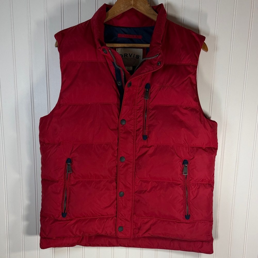 Orvis Essex Puffer Vest Mens Red Duck Down Full Zip Snap Sleeveless Medium